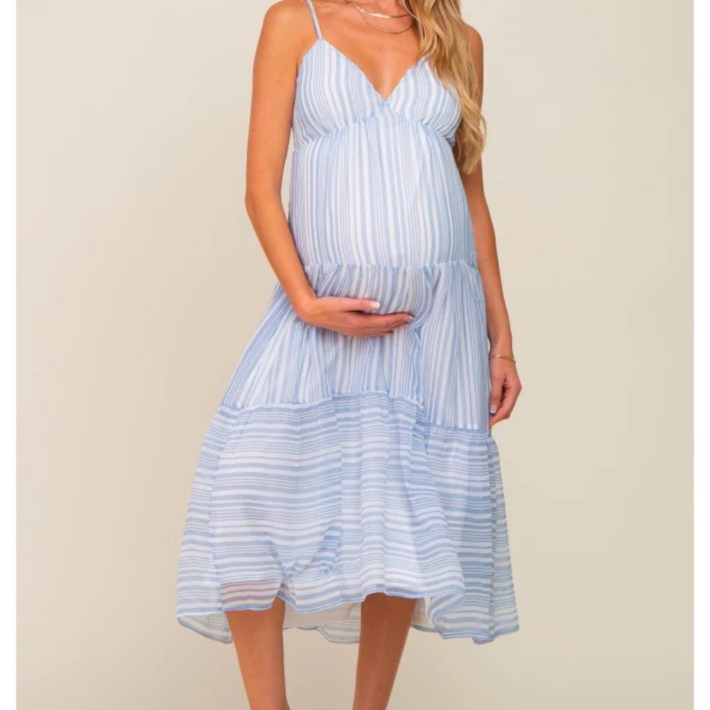 Blue and White Midi Sundress with Pleated Skirt and Tie Front